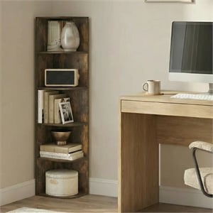 Pemberly Row 5 Tier Corner Open Shelf Bookcase for Small Spaces in Amber Pine