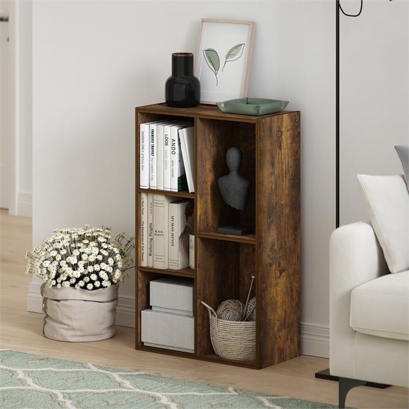Pemberly Row 5 Cube Reversible Open Shelf Bookcase in Amber Pine Finish