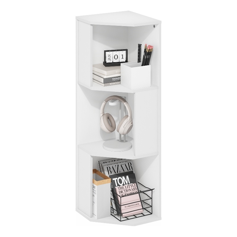 Pemberly Row 3-Tier Corner Bookshelf with Open Shelves in Plain White