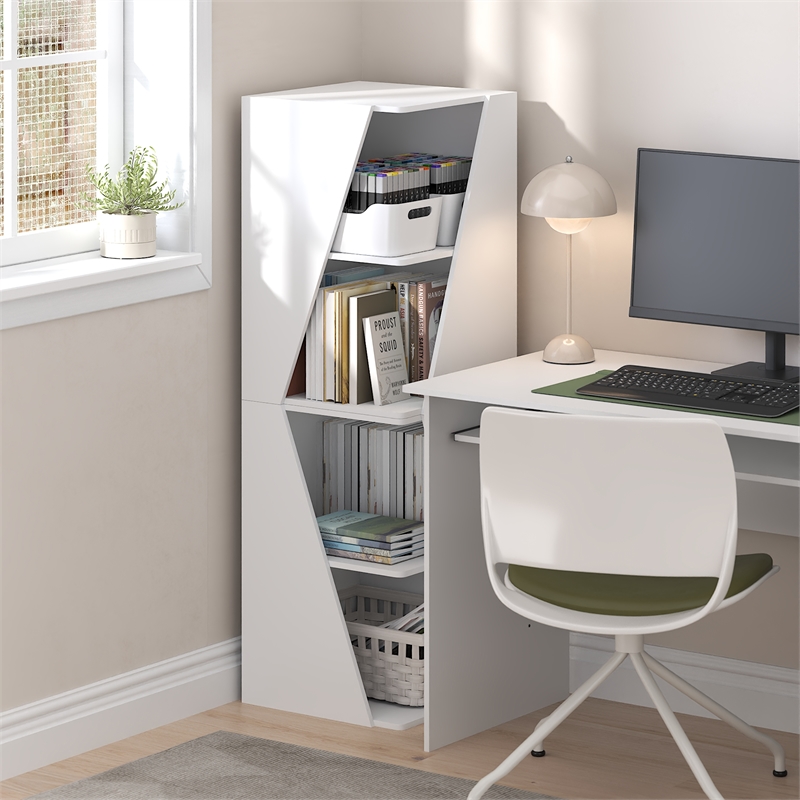 Pemberly Row Stackable 2-in-1 Bookshelf 4-Tier Corner Bookcase in White