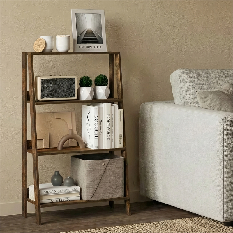 Pemberly Row 4-Tier Open Frame Bookcase with A-Shape Legs in Amber Pine