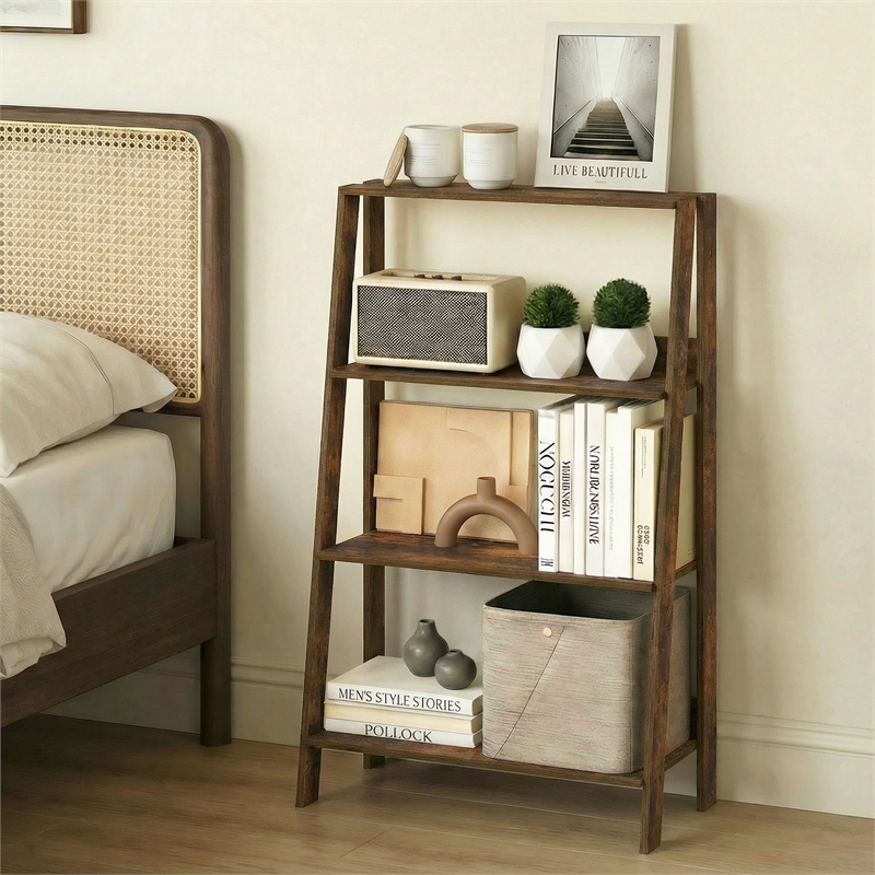 Pemberly Row 4-Tier Open Frame Bookcase with A-Shape Legs in Amber Pine
