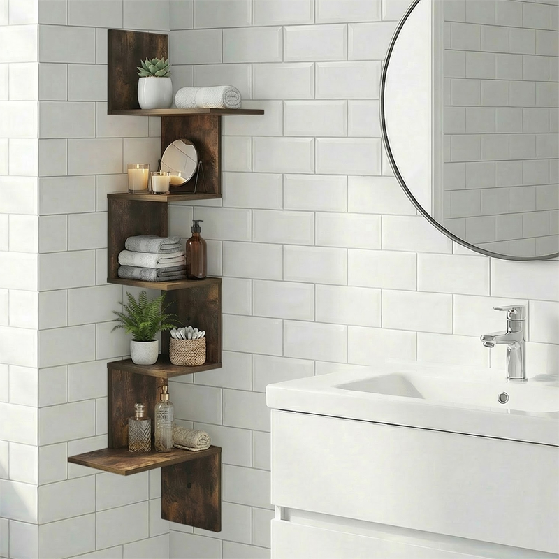 Pemberly Row 5-Tier Corner S-shape Radial Floating Bookshelf in Amber Pine