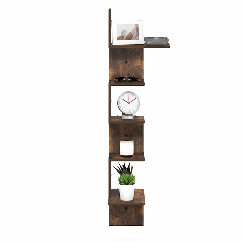 Pemberly Row 5-Tier Corner S-shape Radial Floating Bookshelf in Amber Pine