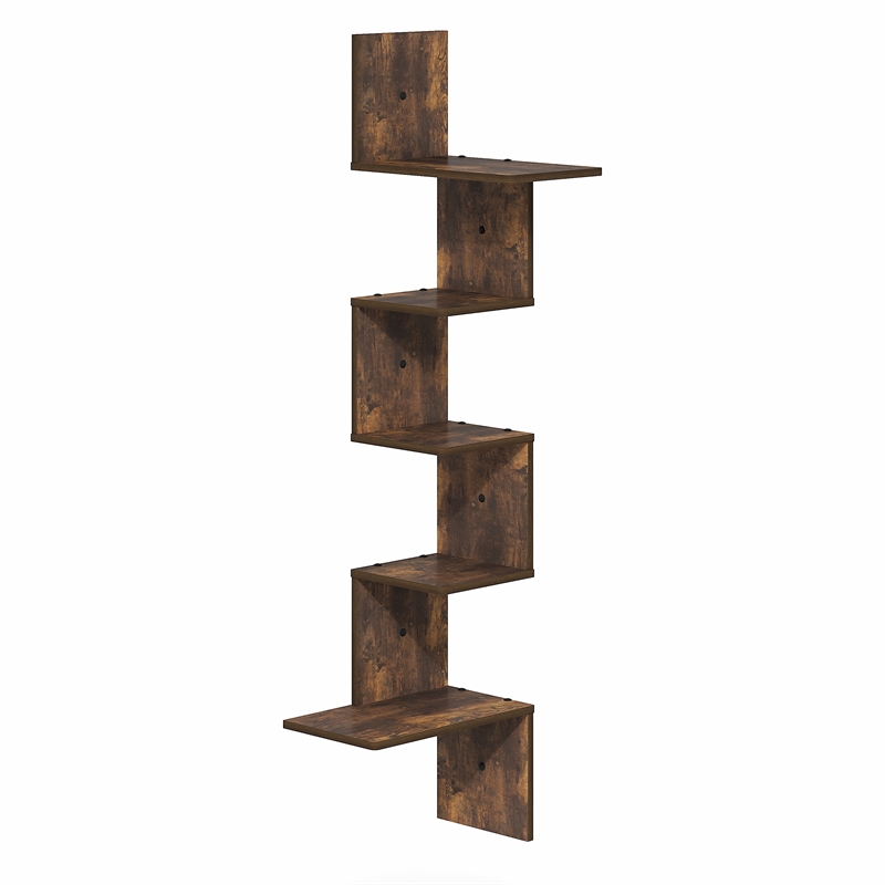 Pemberly Row 5-Tier Corner S-shape Radial Floating Bookshelf in Amber Pine