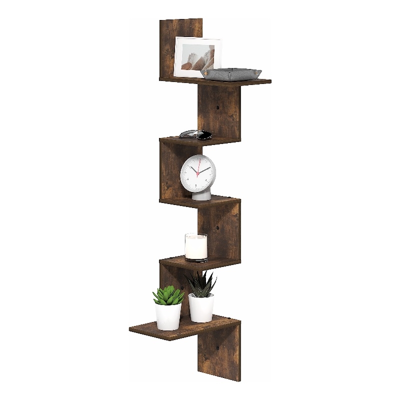 Pemberly Row 5-Tier Corner S-shape Radial Floating Bookshelf in Amber Pine