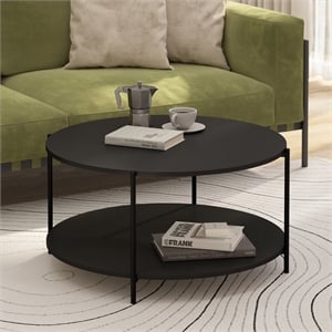 Pemberly Row 2-Tier Round Coffee Table with Metal Legs in Dark Americano