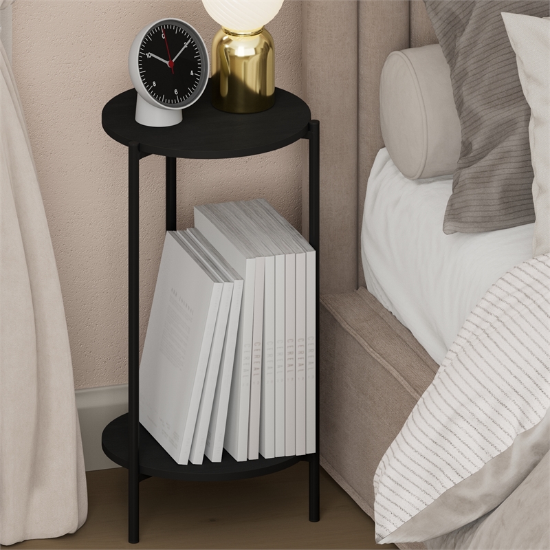 Pemberly Row 2-Tier Tall Metal Legs Round Open Shelf Nightstand in Americano