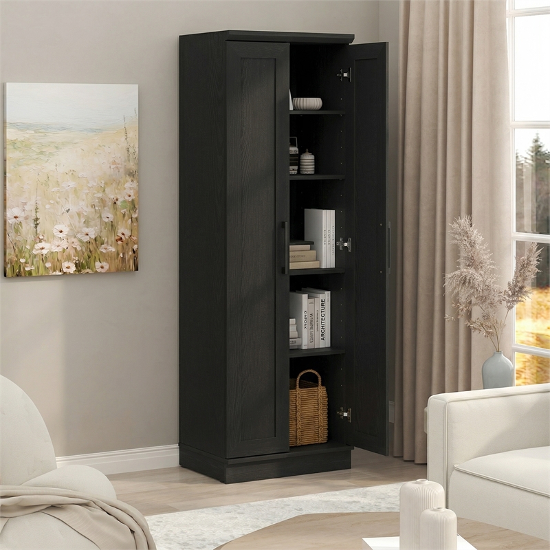 Pemberly Row 5-Tier Pantry Cabinet 23W with 2 Shaker-Doors in Black Woodgrain