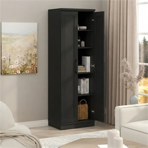 Pemberly Row 5-Tier Pantry Cabinet 23W with 2 Shaker-Doors in Black Woodgrain