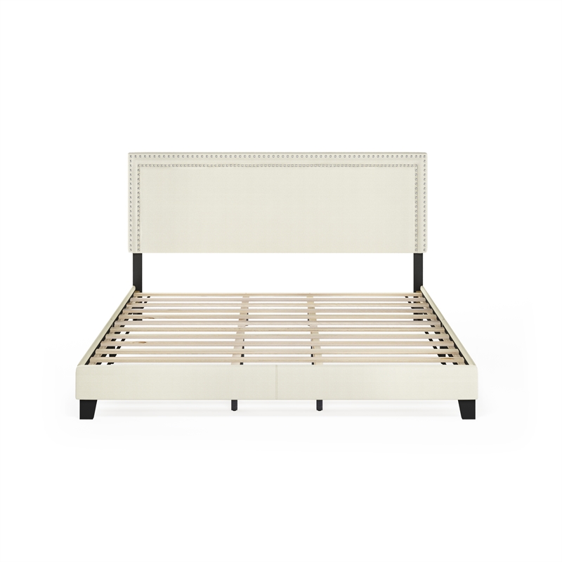 Pemberly Row King Bedframe Button Double Row Nail Headboard in Light Beige