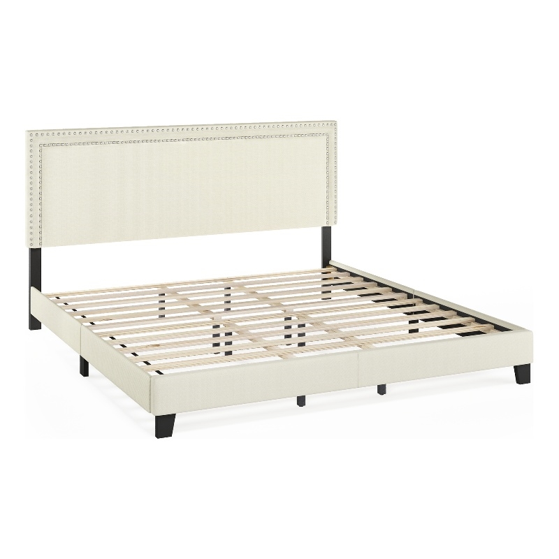 Pemberly Row King Bedframe Button Double Row Nail Headboard in Light Beige