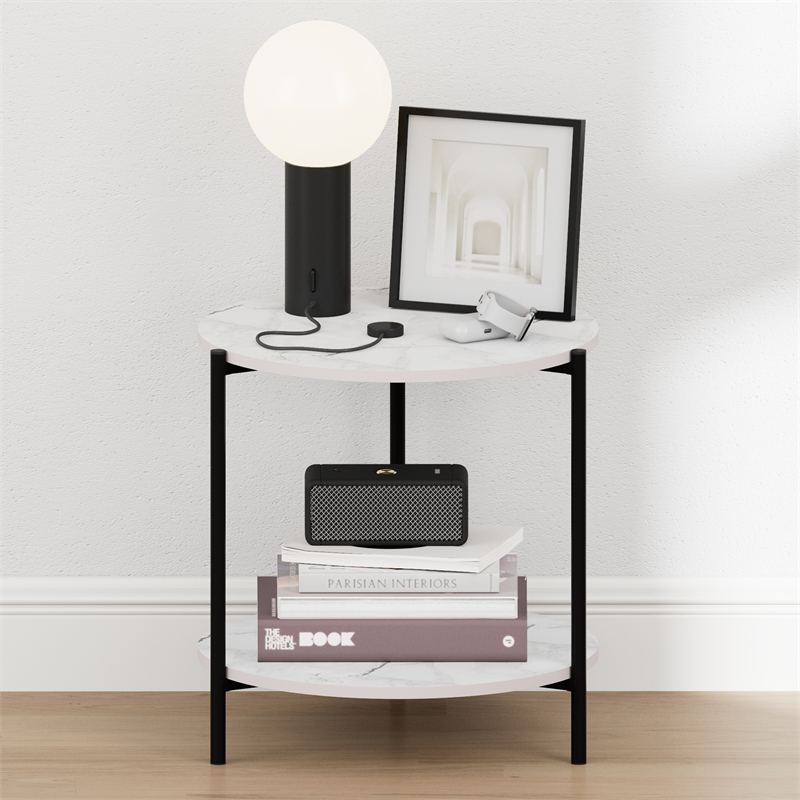 Pemberly Row 2-Tier Wide Round Nightstand Metal Legs End Table in Marble White