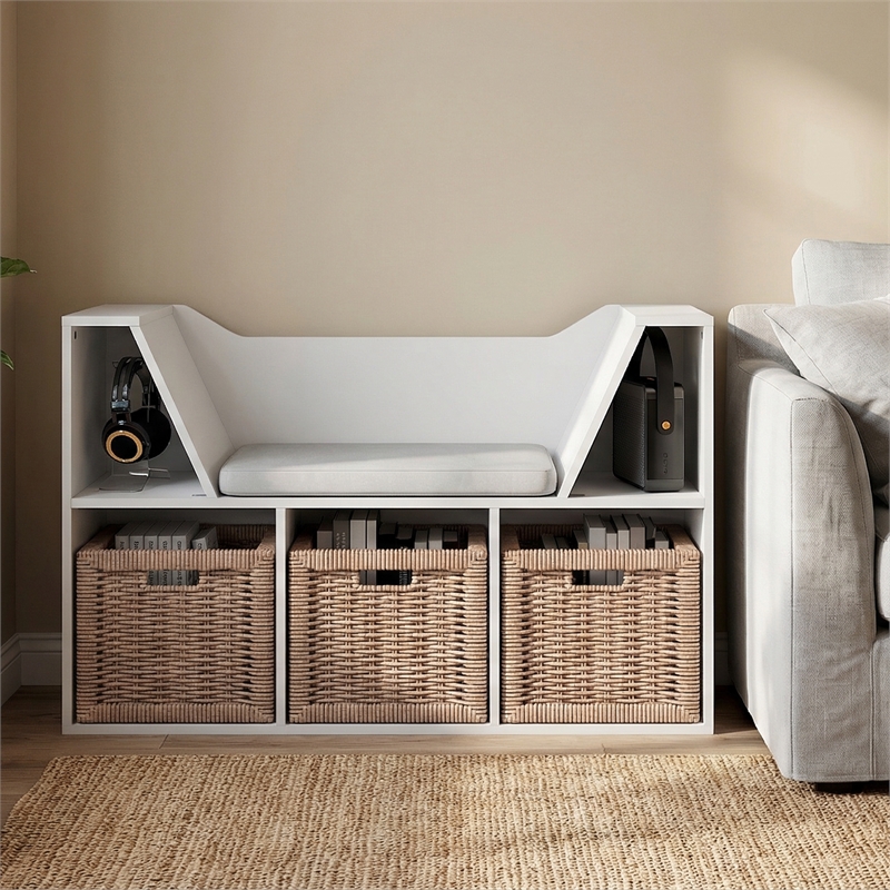 Pemberly Row 5-Cube Bookshelf with Seat Cushion Reading Nook in White