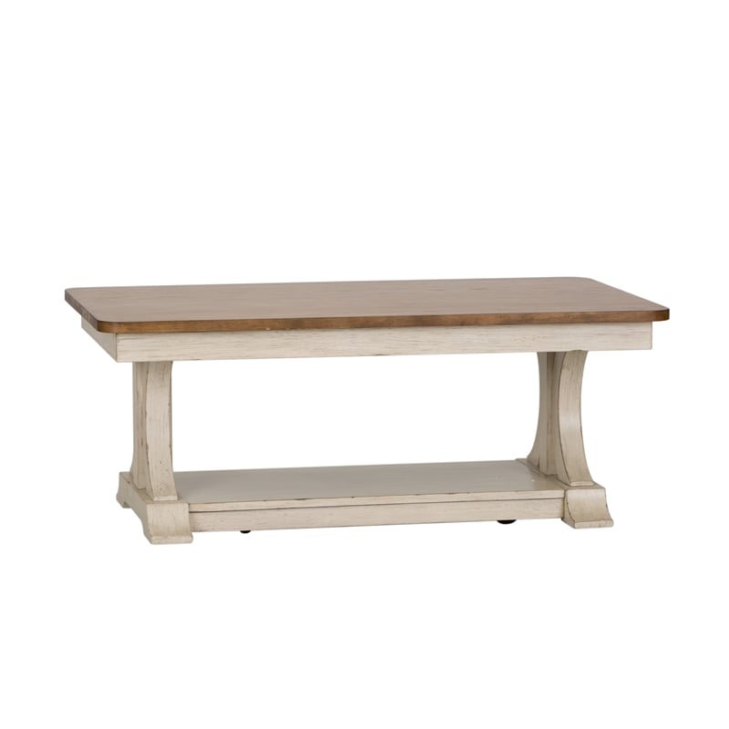 Pemberly Row White Rectangular Cocktail Table with Shaped Legs and Shelf
