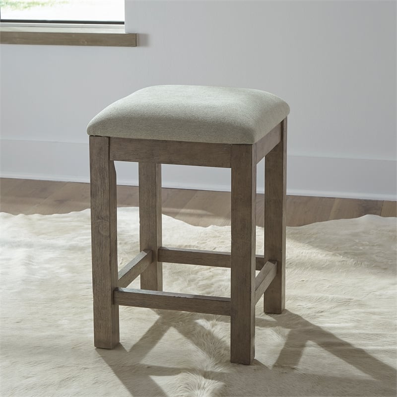Pemberly Row Upholstered Console Stool in Oatmeal Linen with Block Legs