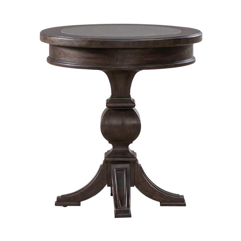 Pemberly Row Round Chairside Table with Blue Stone Insert in Brown