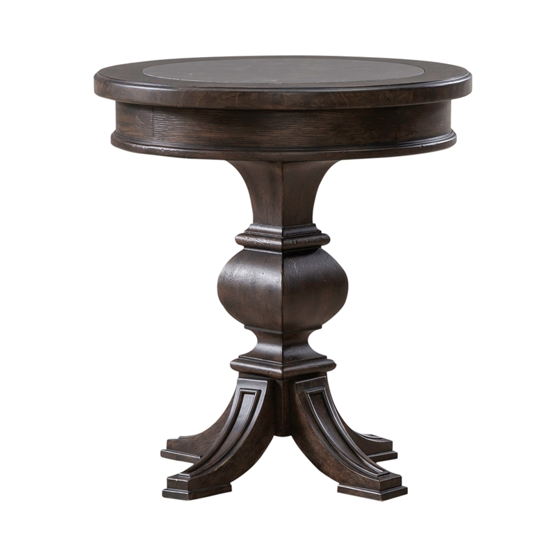 Pemberly Row Round Chairside Table with Blue Stone Insert in Brown