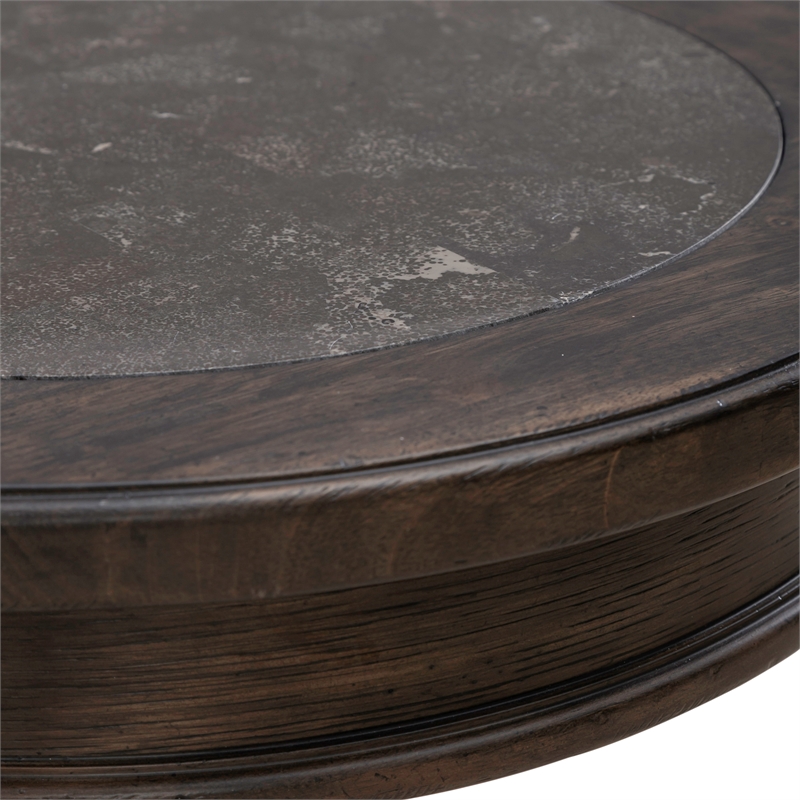 Pemberly Row Round Chairside Table with Blue Stone Insert in Brown