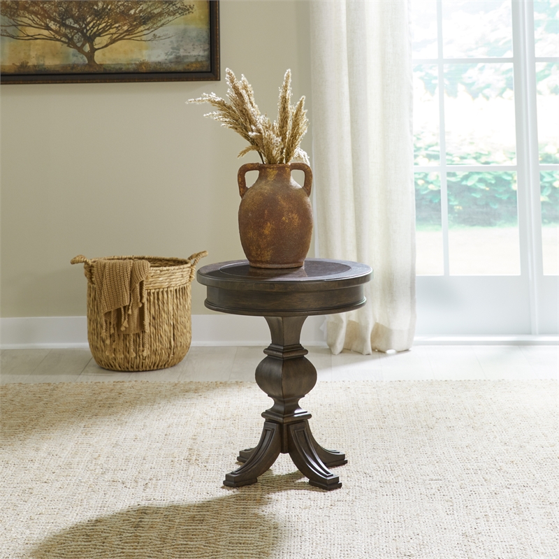 Pemberly Row Round Chairside Table with Blue Stone Insert in Brown