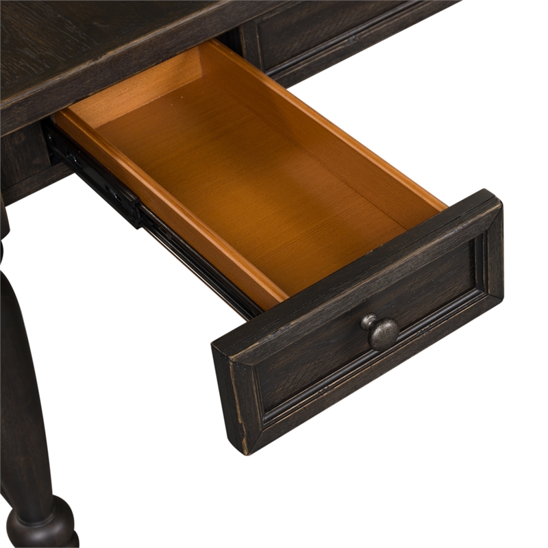 Pemberly Row Black Writing Desk with 3 Drawers and Heavy Turned Legs