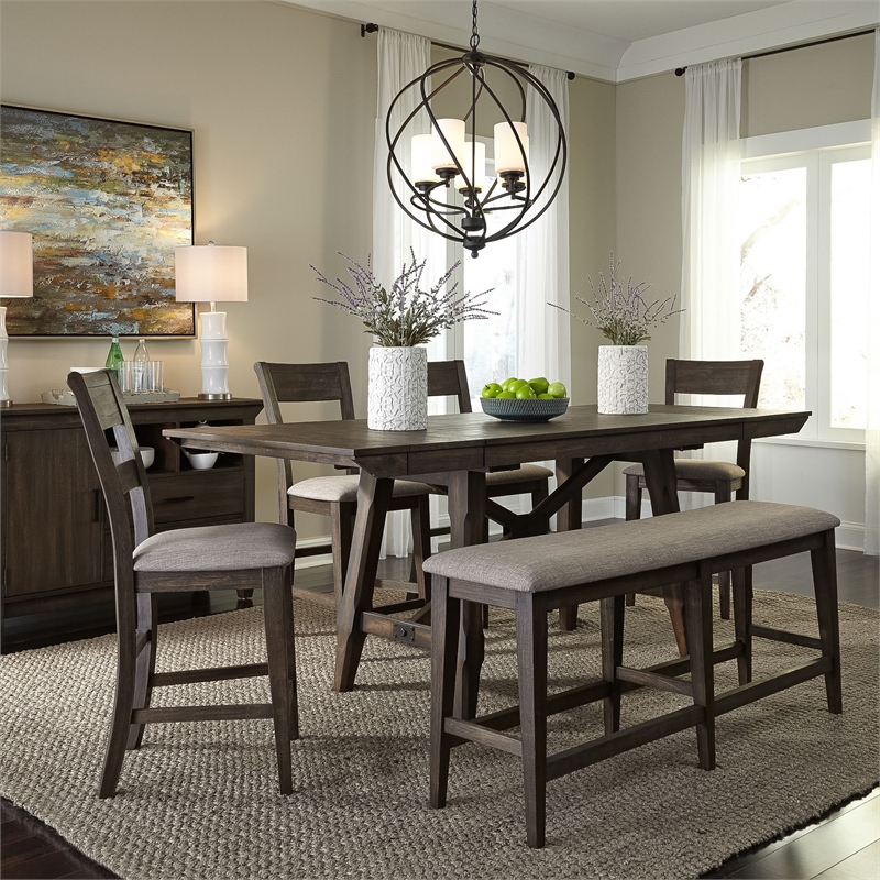 Pemberly Row 6 Piece Gathering Table Set with 12 Inch Leaves in Brown