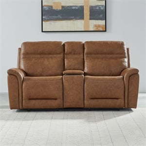 Pemberly Row Cooper Transitional Leather Loveseat with USB Ports in Camel