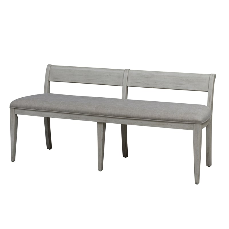 Pemberly Row White Upholstered Wood Bench with Distressing in Gray