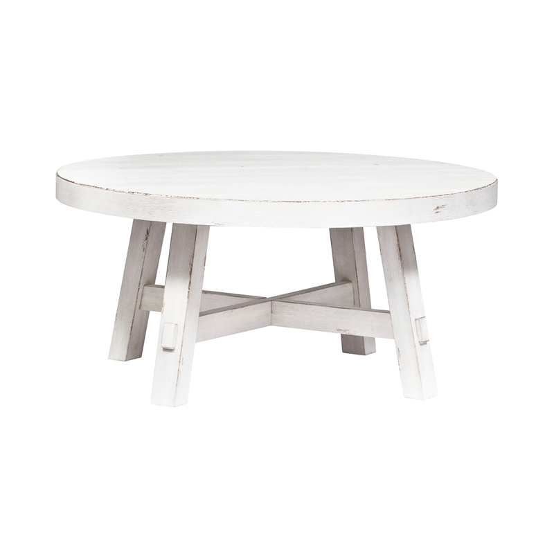 Pemberly Row Splay Leg Round Cocktail Table with Distressing in White
