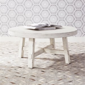 Pemberly Row Splay Leg Round Cocktail Table with Distressing in White