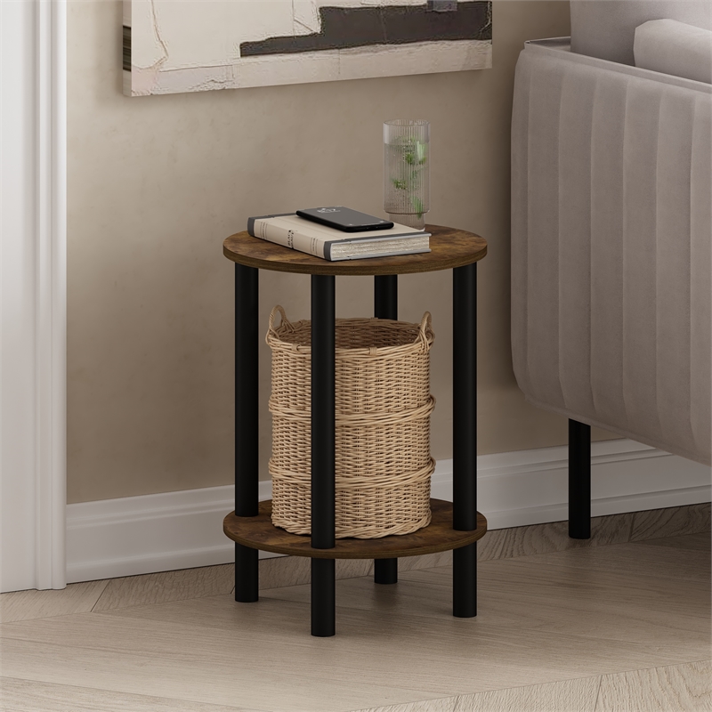 Pemberly Row 2-Tier Round Wooden End Table with Rounded Edges in Amber Pine