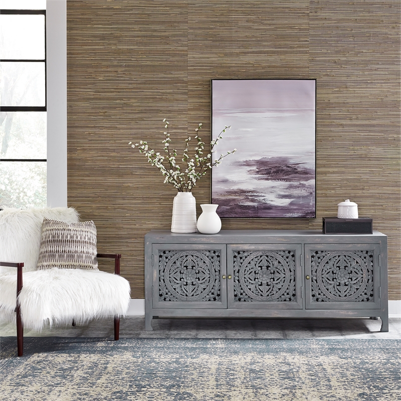 Pemberly Row Multi 65 Inch 3 Door Accent TV Stand with Carved Doors