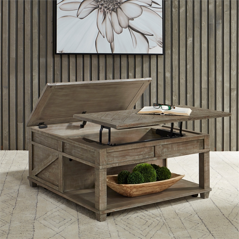 Pemberly Row Square Lift Top Cocktail Table with Casters in Weathered Taupe