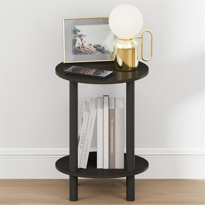 Pemberly Row 2-Tier Round Tall Narrow Open Shelf Nightstand in Espresso