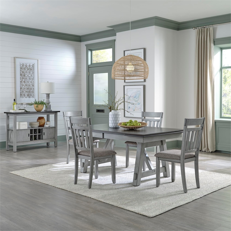 Pemberly Row 5 Piece Trestle Table Set with Splat Back Chairs in Gray
