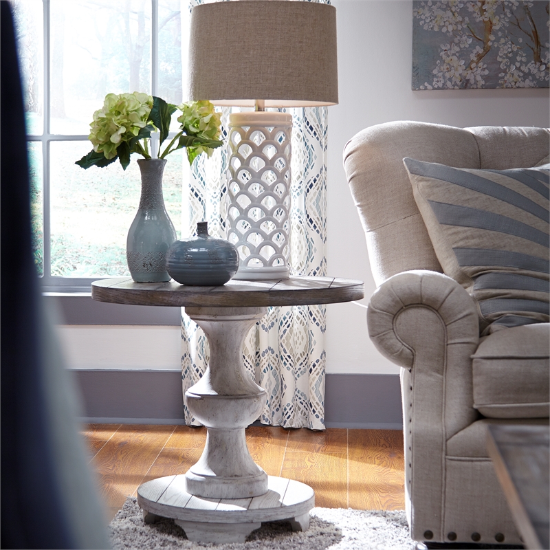 Pemberly Row White Round End Table with Heavy Planked Top and Distressing