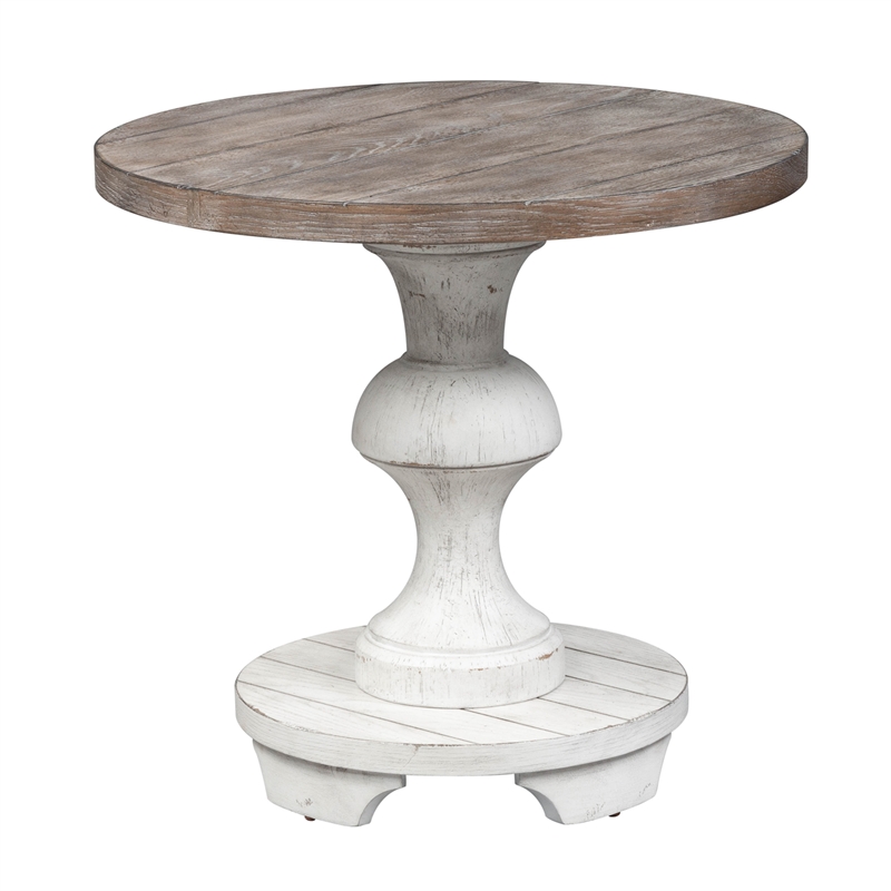 Pemberly Row White Round End Table with Heavy Planked Top and Distressing
