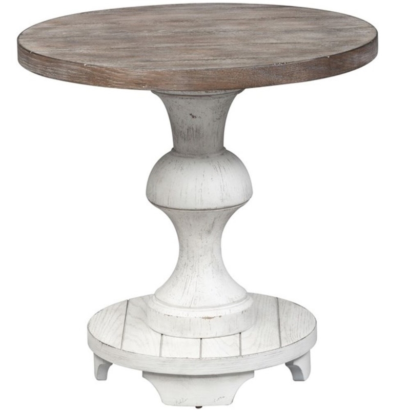 Pemberly Row White Round End Table with Heavy Planked Top and Distressing