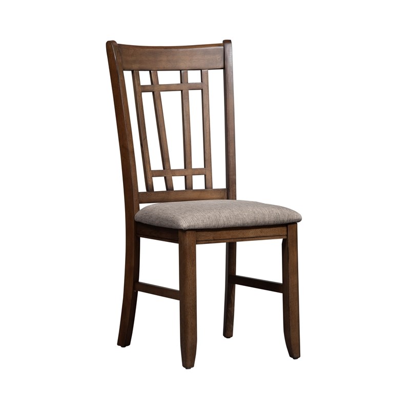 Pemberly Row Medium Brown Lattice Back Side Chair Set of 2 with Linen