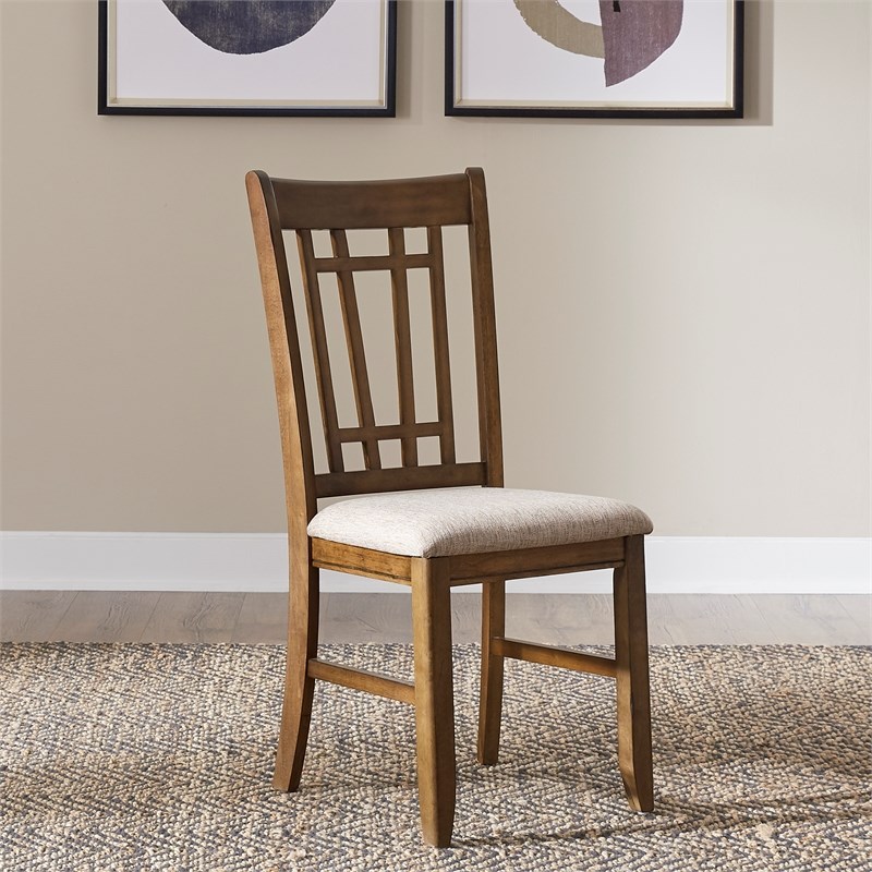 Pemberly Row Medium Brown Lattice Back Side Chair Set of 2 with Linen