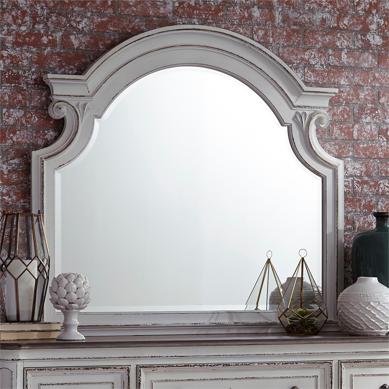 Pemberly Row White Mirror with Scrolled Design and Beveled Edge