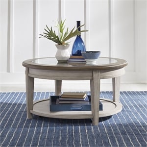 Pemberly Row Off White Round Ceiling Tile Cocktail Table with Tapered Legs