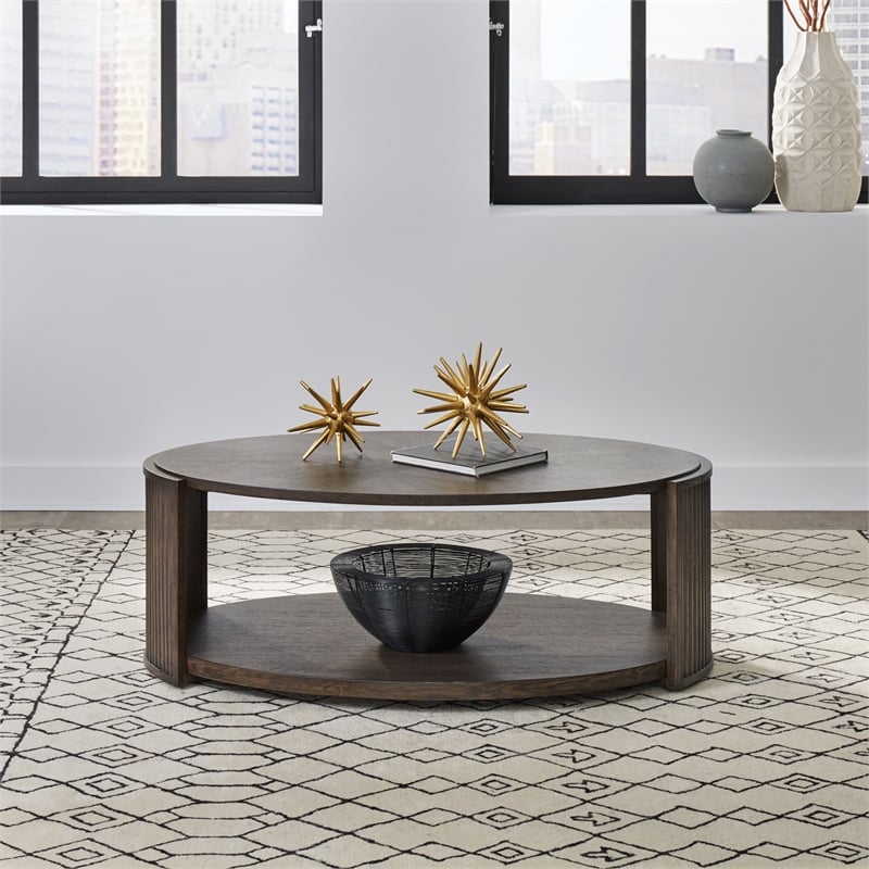 Pemberly Row Oval Cocktail Table with Casters and Reeded Panels in Coffee Bean