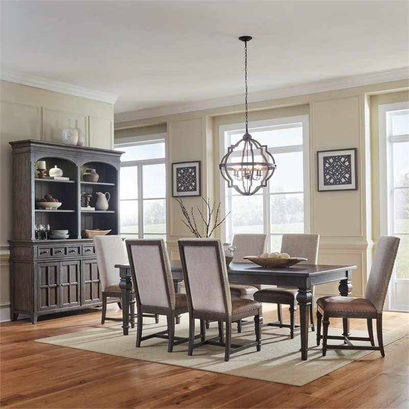 Pemberly Row 7 Piece Rectangular Table Set with Upholstered Chairs in Brown