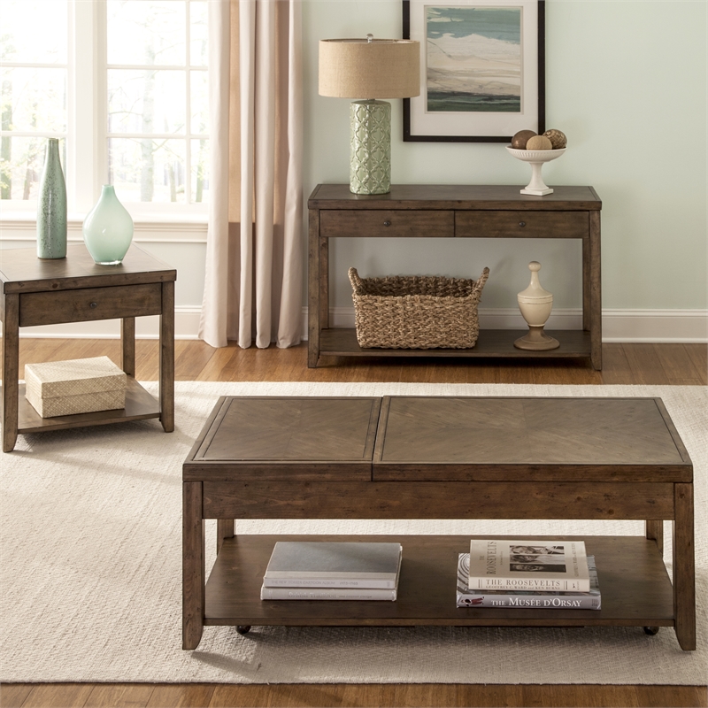 Pemberly Row Medium Brown 3 Piece Set with Cocktail and End Tables