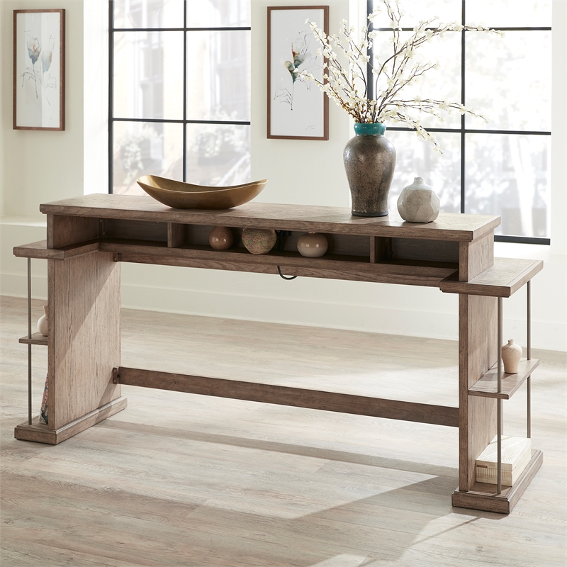 Pemberly Row 4-Piece Wood Console Table Set with Stools in Burnished Beige