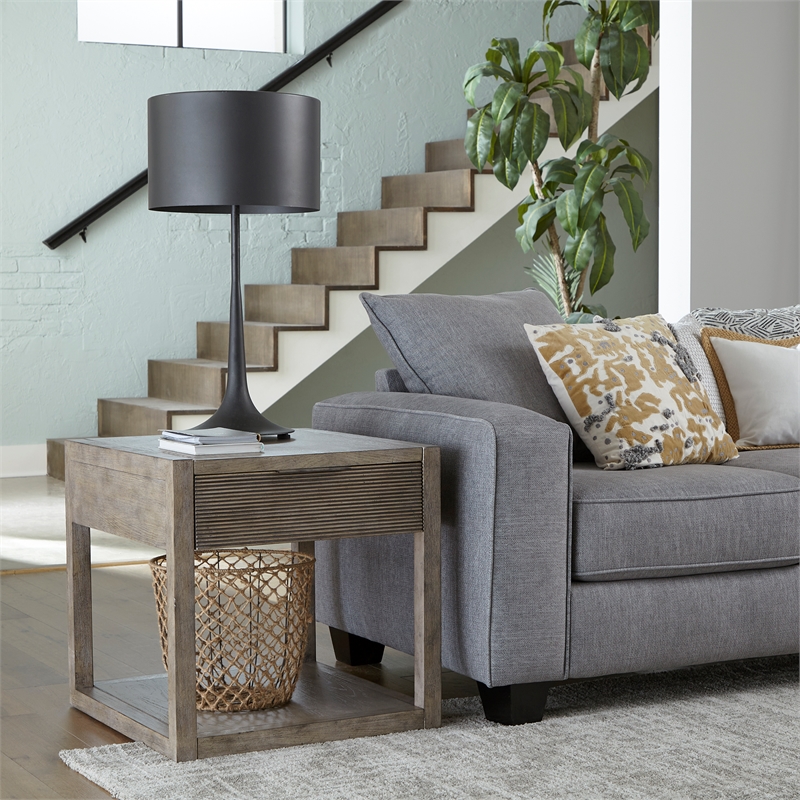 Pemberly Row End Table with Reeded Drawer Front in Driftwood