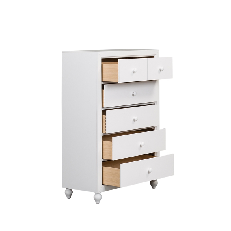 Pemberly Row White 5 Drawer Chest with Dovetail and Case Moldings