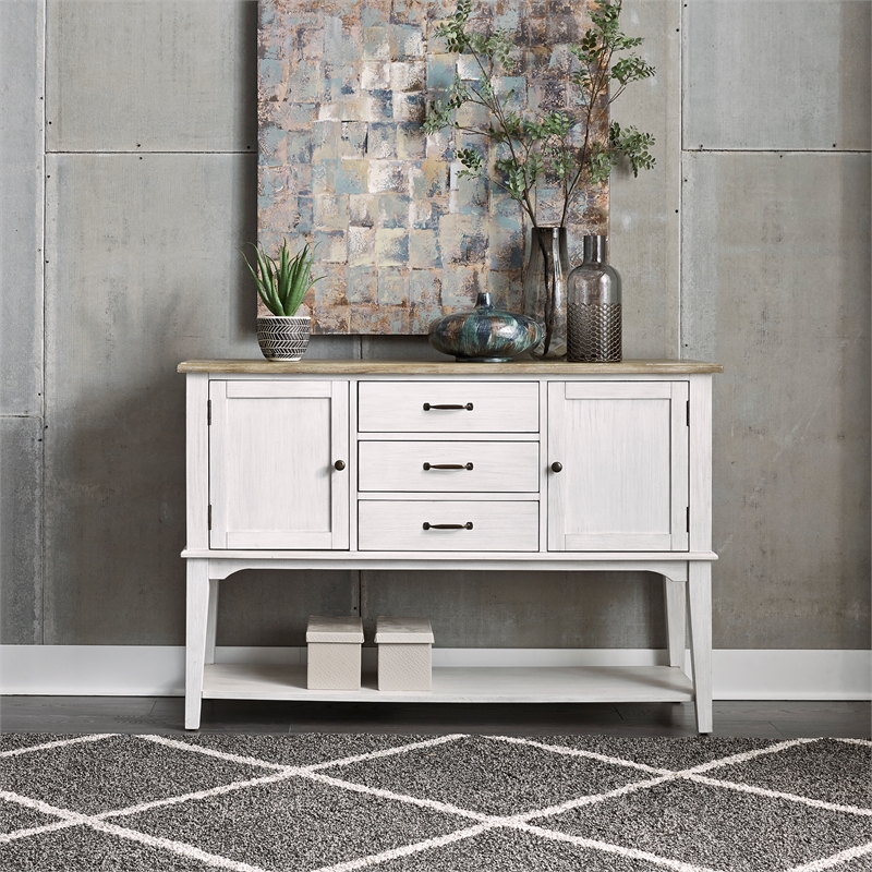 Pemberly Row White Server with Adjustable Shelves and Dovetail Drawers