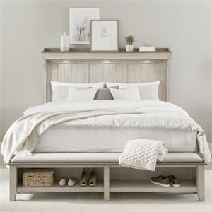 Pemberly Row King Mantle Storage Bed with LED Lighting in Weathered Linen